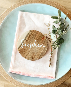 Open image in slideshow, TIMBER NAME PLACE COASTERS - ROUND
